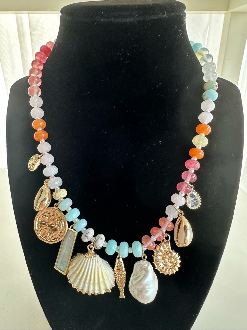 Gold Charm Seashell Necklace with Multicolor Beads